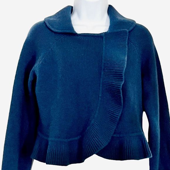 Cynthia Steffe Women 100% Cashmere Ruffle Trim Crop Cardigan Sweater Drk Teal, M - Picture 10 of 15
